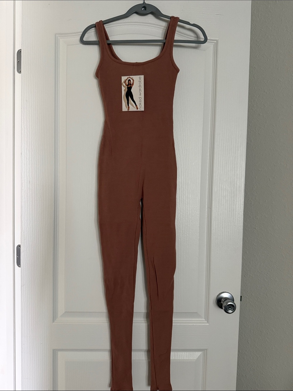 naked wardrobe Ribbed Square-Neck Jumpsuit in Rust Brown